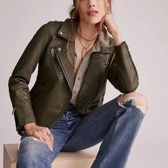 BlankNYC Olive Green Faux Leather Moto Jacket Women's Biker Style NWT - Picture 1 of 8